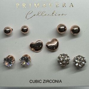 Primavera Collection 5 Pairs Rose Gold Tone Various Cubic Zirconia Post Earrings